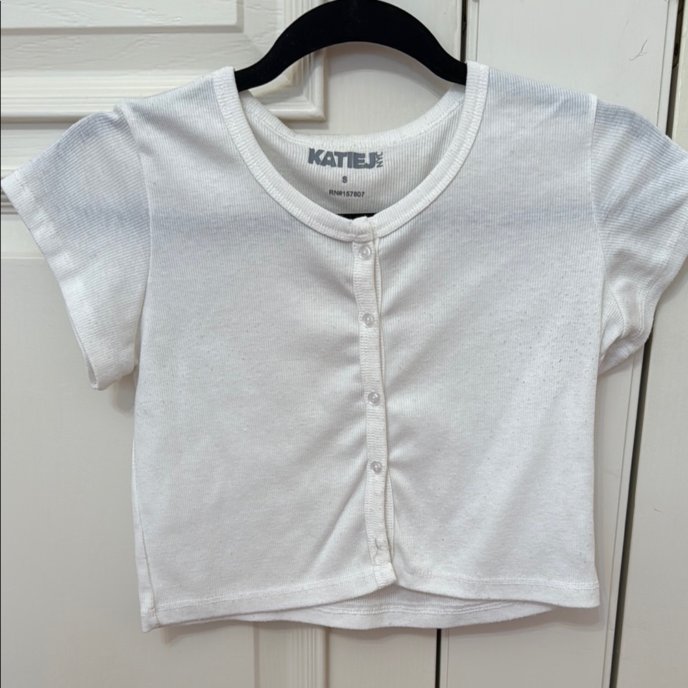 Katie J Nyc White Button-Up Top- Cropped With Capped Sleeves